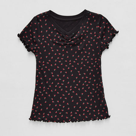 Thereabouts Rib Little & Big Kid Girls V Neck Short Sleeve T-Shirt, X-large (16), Black
