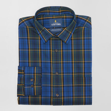 Stafford Mens Regular Fit Long Sleeve Tartan Plaid Dress Shirt, 14-14.5 32-33, Blue