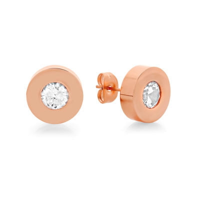 Round White Crystal 18K Rose-tone  Stainless Steel Stud Earrings