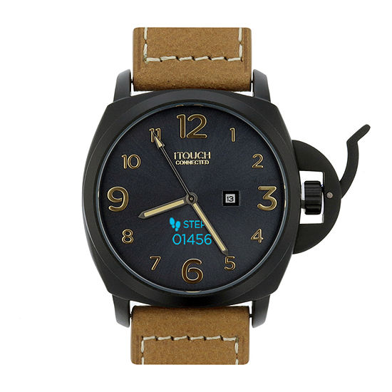 iTouch Connected for Men: Black Case with Brown Leather Strap Hybrid Smartwatch (44mm) 50050U-51-G16
