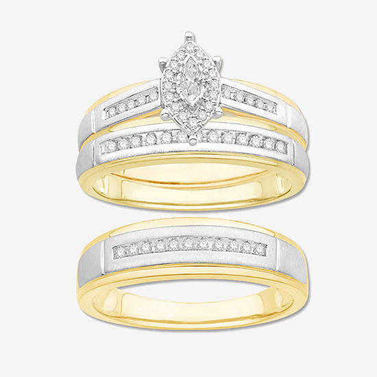 3PC Trio Set Featuring 1/3 CT. T.W. Diamond 10K Two Tone Gold Womens Size 7 Bridal Set and Mens Size 10.5 Band