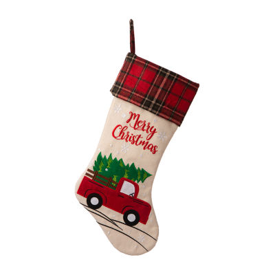 Glitzhome Embroidered Linen Red Truck Christmas Stocking