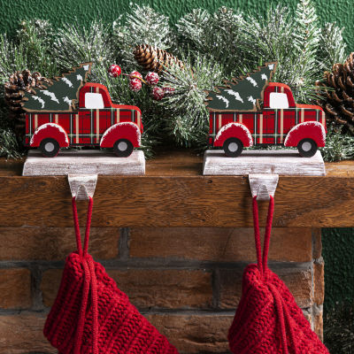 Glitzhome 6" Red Truck Christmas Stocking Holder - Set of 2