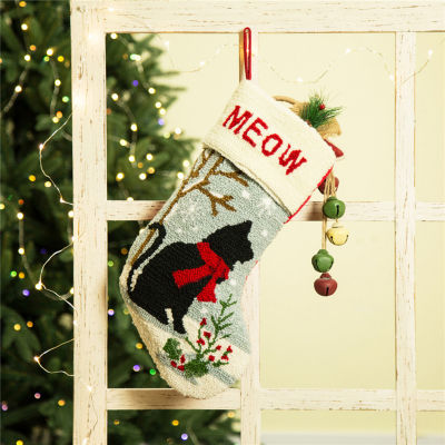 Glitzhome 20" Cat "Meow" Hooked Christmas Stocking