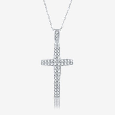Womens 3/4 CT. T.W. Natural White Diamond Sterling Silver Cross 18 Inch Pendant Necklace