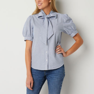 Sky Blue Button Short Sleeve Split Neck Blouse