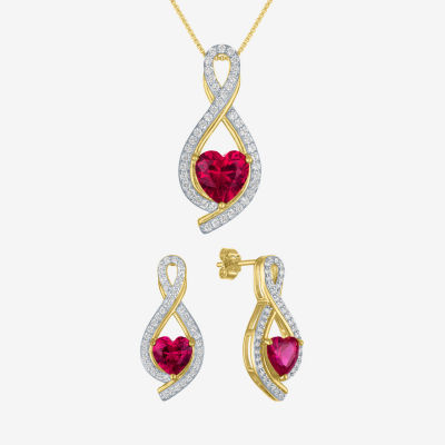 Womens Lab Created Red Ruby 14K Gold Over Silver Heart Jewelry Set