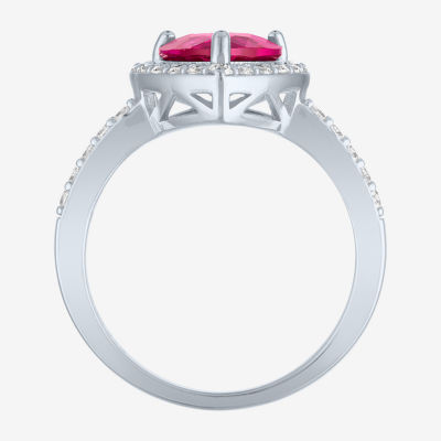 Womens Lab Created Red Ruby Sterling Silver Heart Halo Side Stone Cocktail Ring