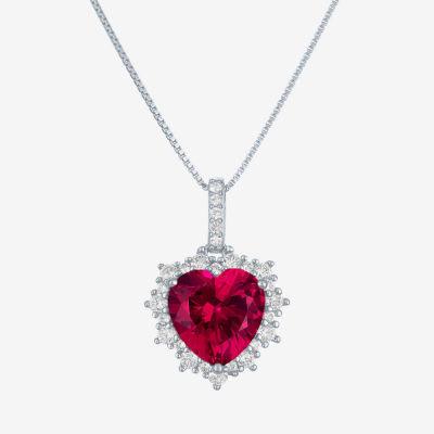Womens Lab Created Red Ruby Sterling Silver Heart 18 Inch Pendant Necklace