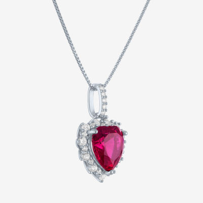 Womens Lab Created Red Ruby Sterling Silver Heart 18 Inch Pendant Necklace