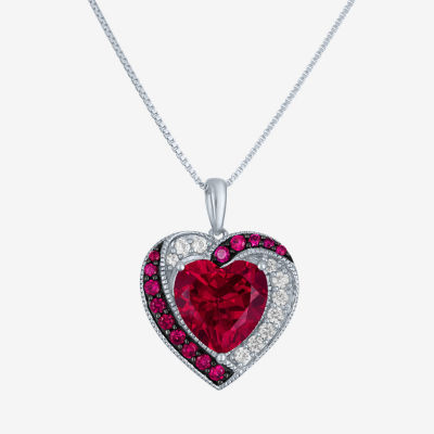 Womens Lab Created Red Ruby Sterling Silver Heart 18 Inch Pendant Necklace