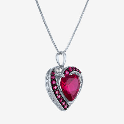 Womens Lab Created Red Ruby Sterling Silver Heart 18 Inch Pendant Necklace