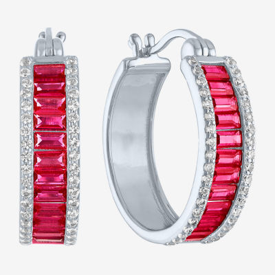 Womens Lab Created Red Ruby Sterling Silver 19mm Hoop Earrings