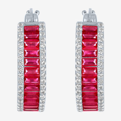 Womens Lab Created Red Ruby Sterling Silver 19mm Hoop Earrings