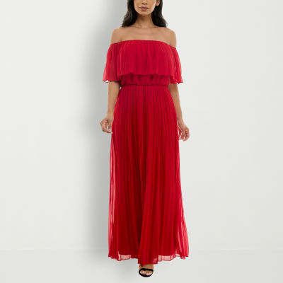 Premier Amour Pleated Off The Shoulder 3/4 Sleeve Maxi Dress