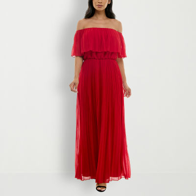 Premier Amour Pleated Off The Shoulder 3 4 Sleeve Maxi Dress