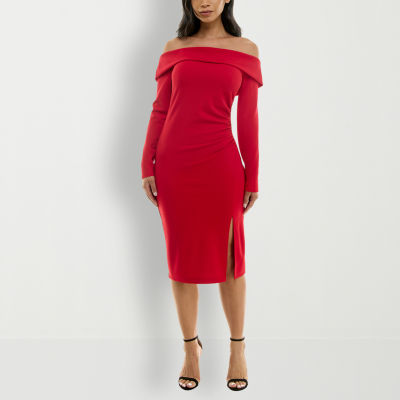 Premier Amour Off The Shoulder Long Sleeve Midi Sheath Dress