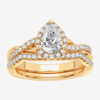 Signature By Modern Bride 1 1/5 CT. T.W. Lab-Grown (H-I / SI1-SI2) Diamond Pear Side Stone Halo Bridal Set in 10K or 14K Gold