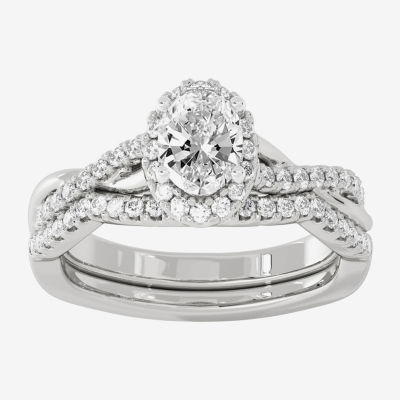Signature By Modern Bride (H-I / Si1-Si2) Womens 1 1/5 CT. T.W. Lab Grown White Diamond 10K White Gold Oval Side Stone Halo Bridal Set