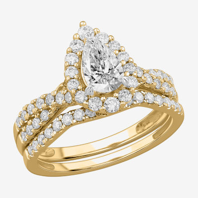 Signature By Modern Bride (G-H / Si1-Si2) Womens 1 1/3 CT. T.W. Lab Grown White Diamond 14K Gold Pear Side Stone Bridal Set