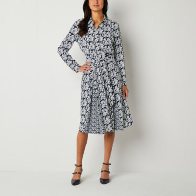 Worthington Long Sleeve Midi Shirt Dress, Color: Navy White - JCPenney