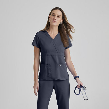 Grey's Anatomy By Barco Classic 4153 Riley 3-Pocket Mock Wrap Womens Plus Tall V Neck Short Sleeve Scrub Top, 3x-large, Gray