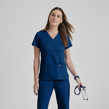 Grey's Anatomy by Barco Classic 4153 Riley 3-Pocket Mock Wrap Womens Plus Tall V Neck Short Sleeve Scrub Top, Xx-large, Blue