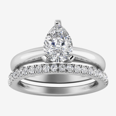 (H-I / Si2-I1) Womens 1 1/4 CT. T.W. Lab Grown White Diamond 14K White Gold Pear Solitaire Bridal Set