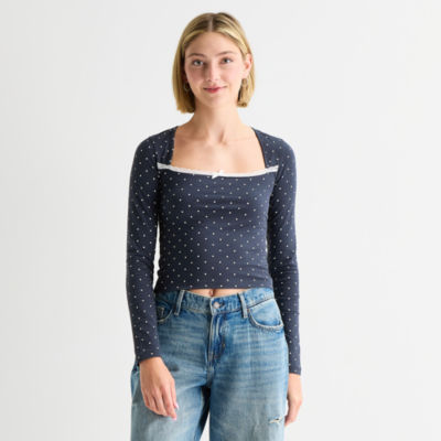 Arizona Womens Juniors Square Neck Long Sleeve Layered Top