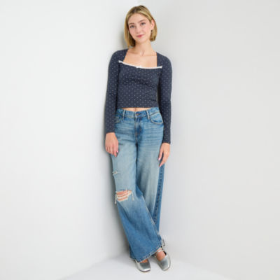 Arizona Womens Juniors Square Neck Long Sleeve Layered Top