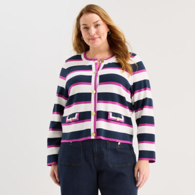 Liz Claiborne Womens Crew Neck Long Sleeve Button Plus Striped Cardigan