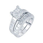 3 CT. T.W. Diamond 14K White Gold Quad Princess Bridal Ring Set