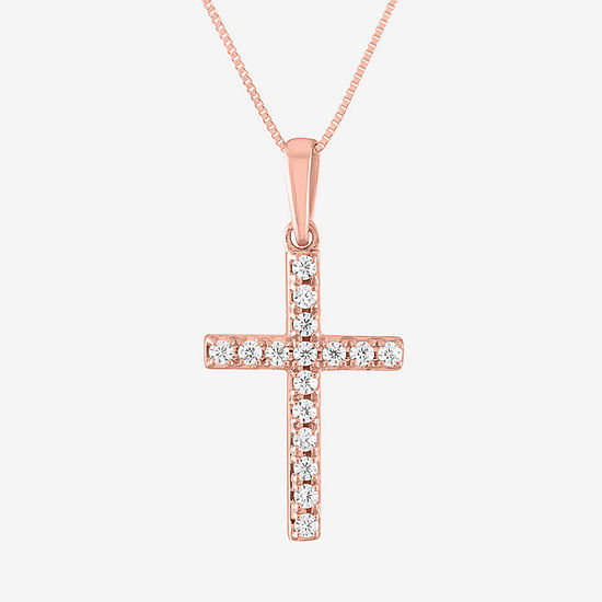 Womens 1/6 CT. T.W. Lab Grown White Diamond 10K Rose Gold Cross Pendant Necklace