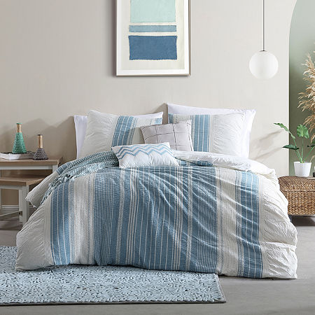 Swift Home Nenah Cotton Gauze Jacquard Waffle Stripes 3-pc. Midweight Down Alternative Comforter Set, One Size, Blue