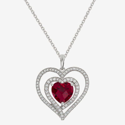 Womens Lab Created Red Ruby Sterling Silver Heart Inch Pendant Necklace