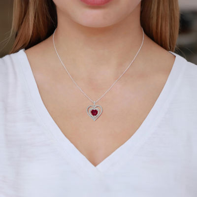 Womens Lab Created Red Ruby Sterling Silver Heart Inch Pendant Necklace
