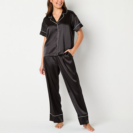 Ambrielle Womens Satin Short Sleeve 2-pc. Pant Pajama Set, Medium, Black