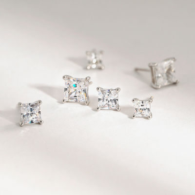 Diamonart Womens Cubic Zirconia Sterling Silver Square 3 Pair Earring Set