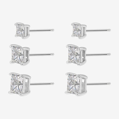 Diamonart Womens Cubic Zirconia Sterling Silver Square 3 Pair Earring Set