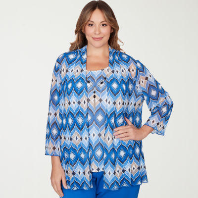 Alfred Dunner Barcelona Womens Plus Round Neck 3/4 Sleeve Layered Top