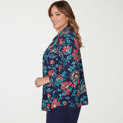 Alfred Dunner Saratoga Springs Womens Plus 3/4 Sleeve Layered Top