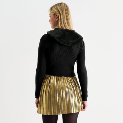 Juniors Girls Night Out Fur Trim Womens V Neck Long Sleeve Hello Kitty Pullover Sweater