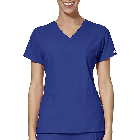 Wink W123 Mock Wrap Womens Moisture Wicking Wrinkle Resistant Quick Dry Short Sleeve Scrub Top, Xx-small, Blue