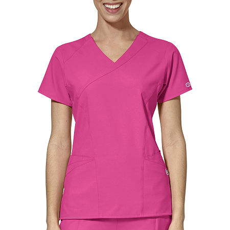 Wink W123 Mock Wrap Womens Moisture Wicking Wrinkle Resistant Quick Dry Short Sleeve Scrub Top, Xx-small, Pink