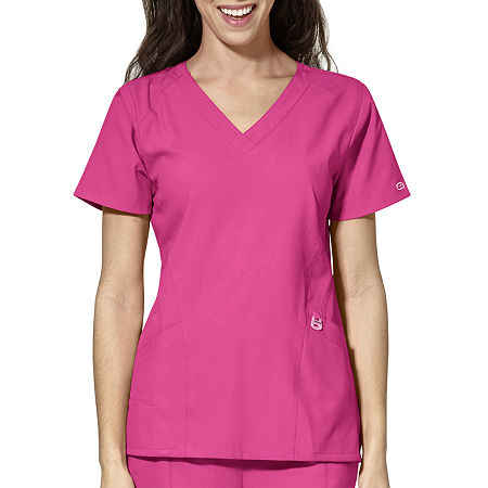 Wink W123 Stylized Womens V Neck Moisture Wicking Wrinkle Resistant Quick Dry Short Sleeve Scrub Top, Medium, Pink