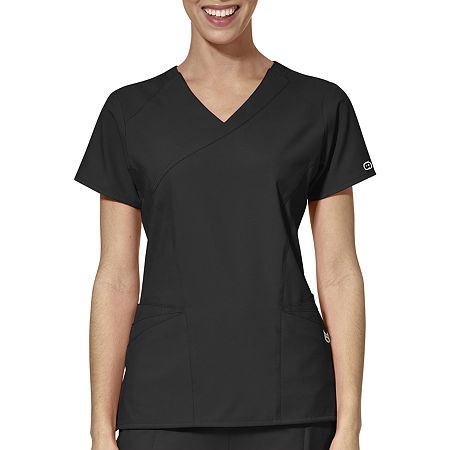 Wink W123 Mock Wrap Womens Moisture Wicking Wrinkle Resistant Quick Dry Short Sleeve Scrub Top, Xx-small, Black