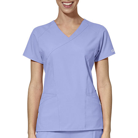 Wink W123 Mock Wrap Womens Moisture Wicking Wrinkle Resistant Quick Dry Short Sleeve Scrub Top, Small, Blue