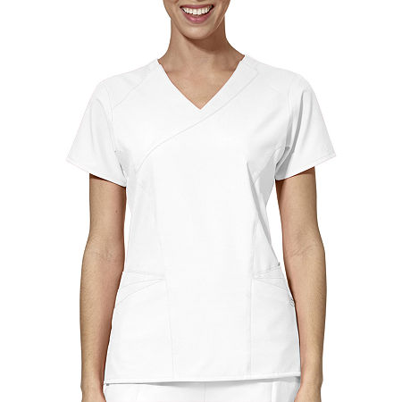 Wink W123 By Wonderwink 6455 Mock Wrap Womens Plus Moisture Wicking Wrinkle Resistant Quick Dry Short Sleeve Scrub Top, X-large, White