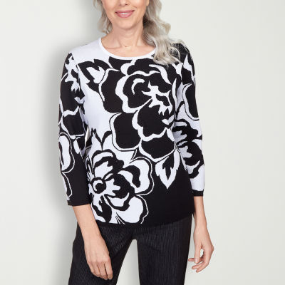 Alfred Dunner World Traveler Womens Crew Neck 3/4 Sleeve Floral Pullover Sweater