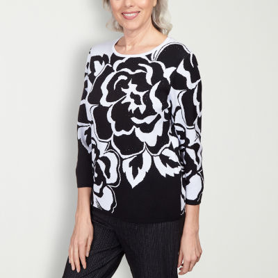Alfred Dunner World Traveler Womens Crew Neck 3/4 Sleeve Floral Pullover Sweater